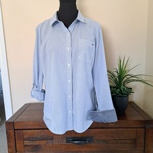 Tommy Hilfiger Blue Cotton Blouse Ladies Medium Roll Tab Striped Poplin Shirt